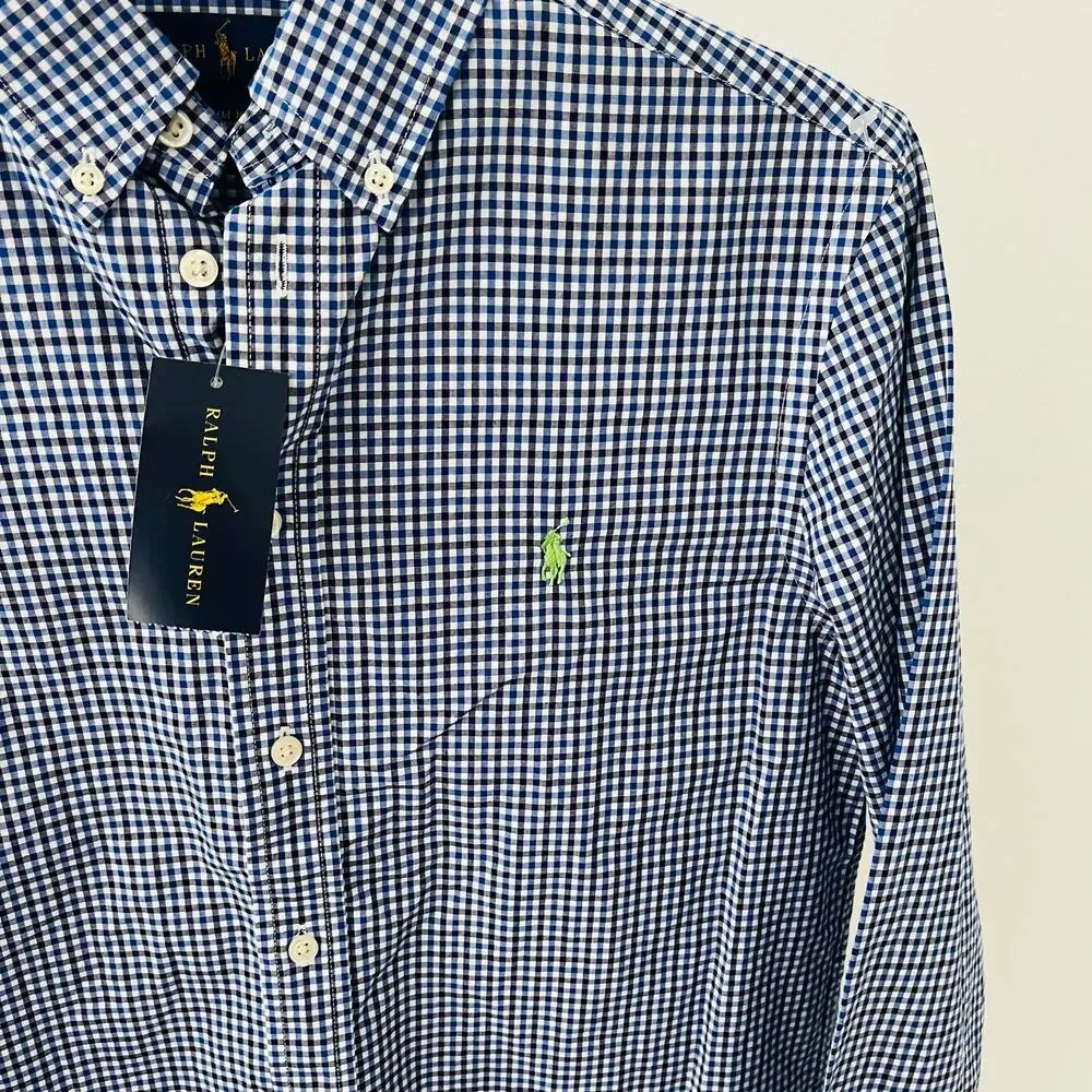 Polo Ralph Lauren Big Boys L 14/16 Gingham Check Oxford Cotton Shirt Blue White